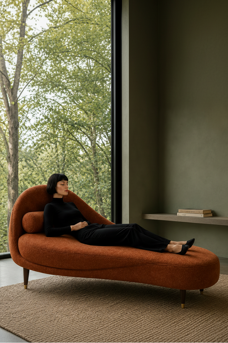 Person lounging on a modern orange sofa in a room with large windows and a shelf.