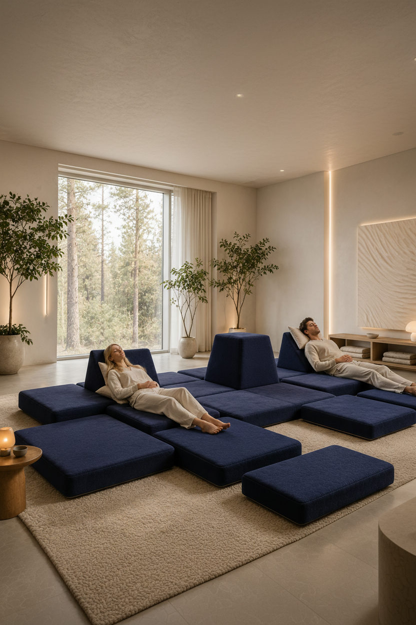 Two people relaxing on a modern blue sectional sofa in a stylish living room.